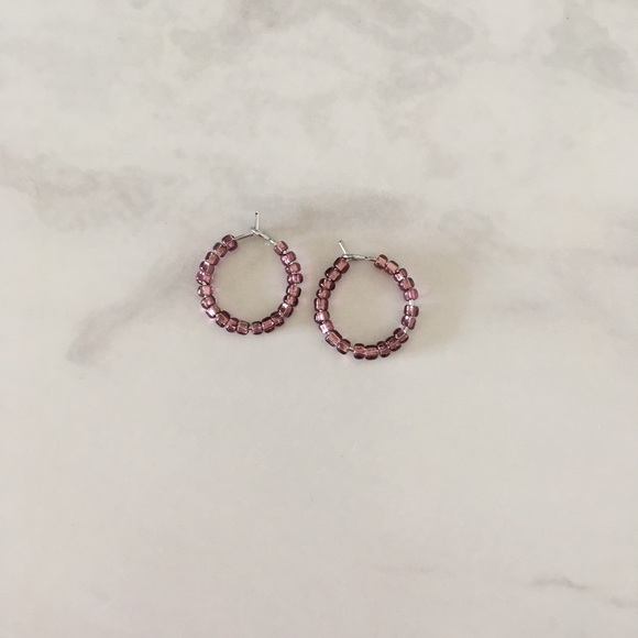 Tiny Silver Hoops with Amethyst Colored Beads - Picture 2 of 3